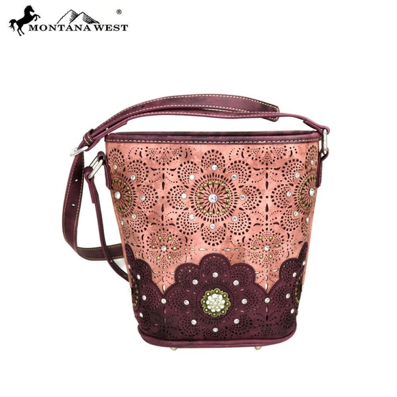 Montana West Handbags - Montana West Concho Bucket Shape Crossbody Red